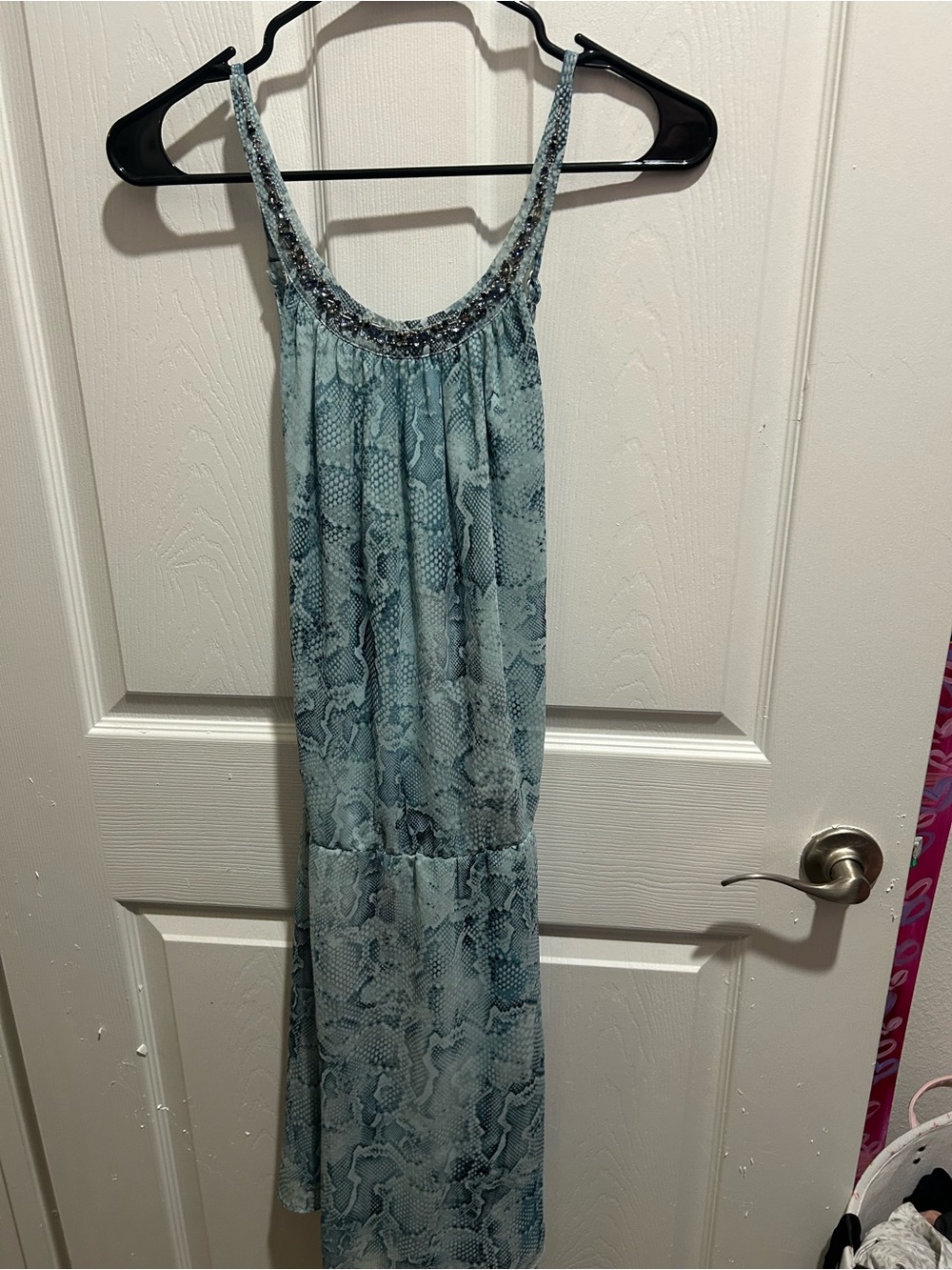 White House Black Market Light Teal Snake-Print Beaded Neck Maxi Slip
